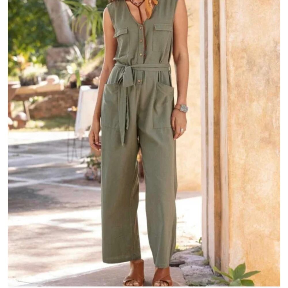 The Shanty Flax Linen Sage Green Jumpsuit Romer Tie Waist Utility  L Large